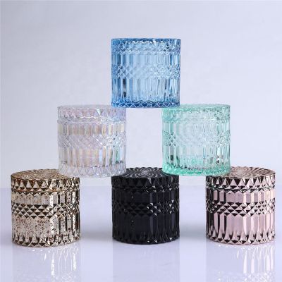 Iridescent geo cut diamond glass candle jars with lids