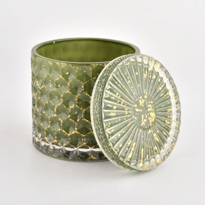 Luxury 440 ml green with shinning effect cylinder glass candle jar with lids for home deco