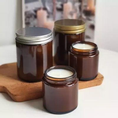 250ml 8oz empty amber glass candle jars holder with metal lid for candle making