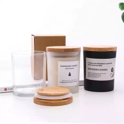 home-made DIY transparent glass candle holder with lid for candle making with bamboo wooden lids