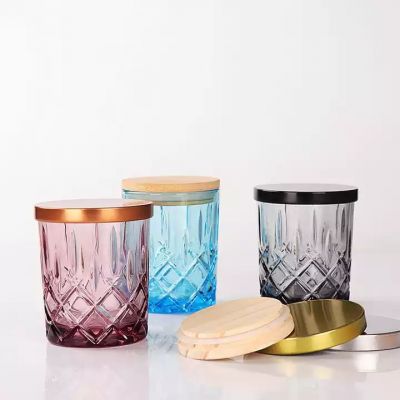 Hot sale 300ml clear luxury sprayed empty glass candle jars with wooden bamboo and metal lids for candle making