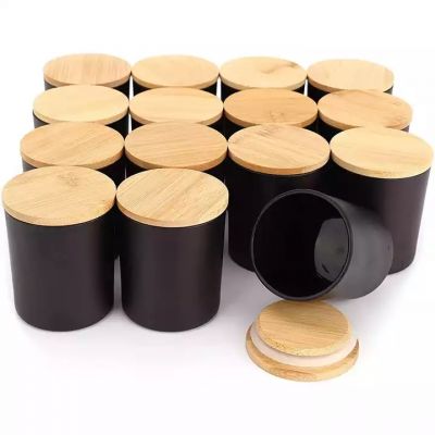 Wholesale 6oz frosted matte black glass candle jar vessels containers luxury jars for candle making with wooden lid
