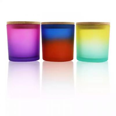 Hot Sale 300ml Frosted Gradient Color Glass Luxury Candle Jar Container with bamboo wooden lid