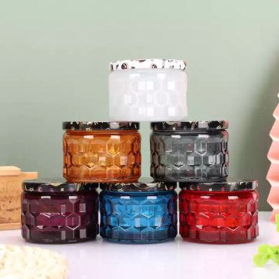 Custom Luxury candle vessels empty 120ml embossed color glass candle vessels with lid