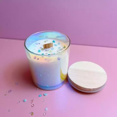 Unique Design Modern Home Decoration Luxury Candle Holder Electroplated Colorful Iridescent Plating Glass Candle Jars With Lid