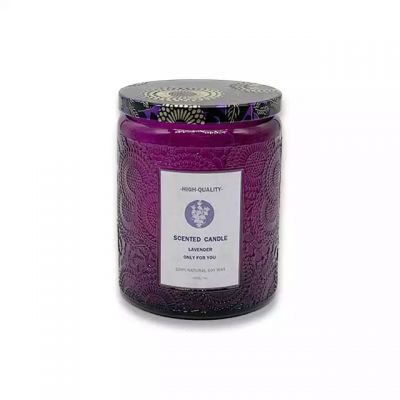 Factory wholesale 7oz patterned glass candle holder with custom metal lid and sticker