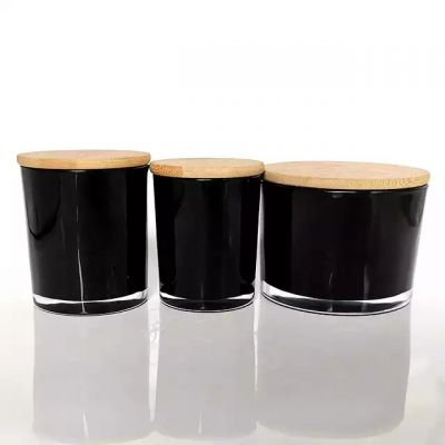 Wholesale black polished glass candle jar with bamboo lid used for candle making