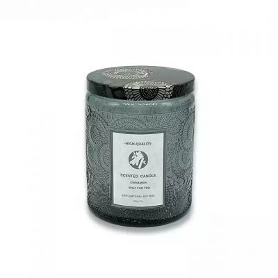 Factory hot sale luxury patterned glass candle holder with metal lid and candle making label