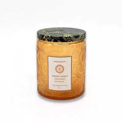 Factory direct 7oz vintage embossed style custom glass candle holder with unique metal lid and decal