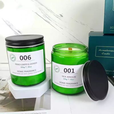Wholesale Custom Green Glass Candle Jar Container Holders with Bamboo Metal Lids and Gift Box for Soy Wax Scented Candle Making