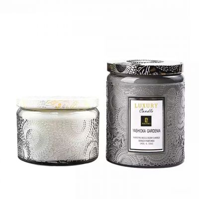 Wholesale 8oz 10oz Color Glass Textured Embossed Candle Jar Vessels with Lids Private Label for Soy Wax Scented Candle Making