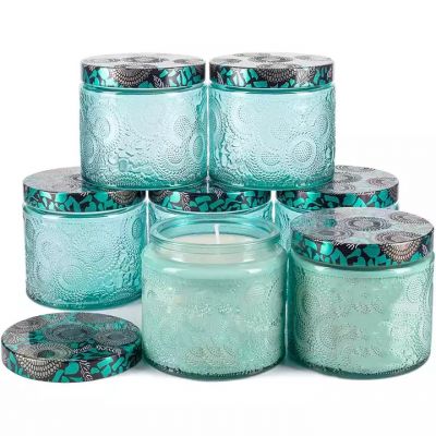 Customized Logo 10oz Blue Embossed Luxury Glass Candle Jar with tin lid
