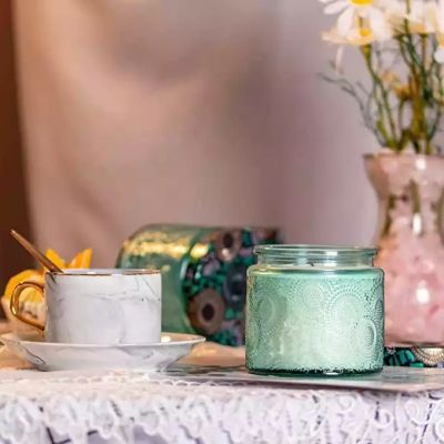 Luxury 4oz Blue Embossed Glass Candle vessels with Tin Lid and Labels