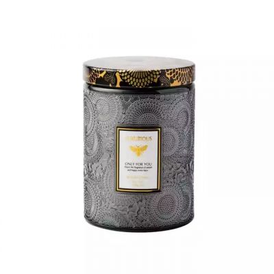 Professional Manufacture Cheap Circular Carved glass candle jar with lid