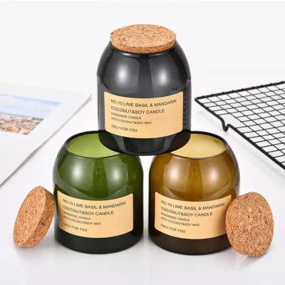 Factory direct sale empty candle making glass jar customized color glass candle holder with round ball cork lid