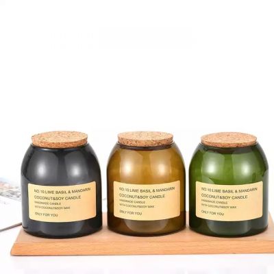 Customized cork round ball lid 13oz 15oz gray scented glass candle jar with sticker colorful candle holder