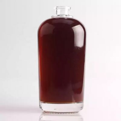 Unique Transparent Short Neck 750ml Empty Whisky Bottle Plate Top Finish Round Whiskey Glass Bottle