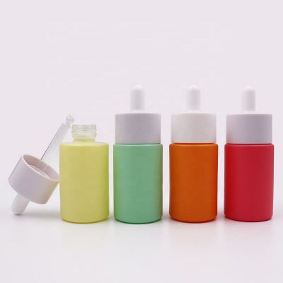 Matte yellow green 1oz flat shoulder wide mouth white lid frosted serum dropper bottle 30ml