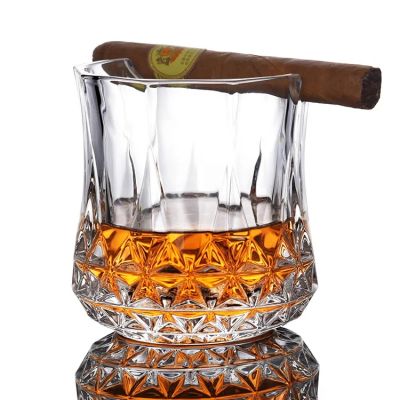 Elegant Crystal Diamond Shape Round Whiskey Tasting Glasses Cup With Cigar Holder For Bourbon Whiskey