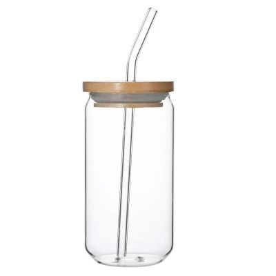 Amazon product beer can glass 16oz 18oz beer can glass with bamboo lid and straw