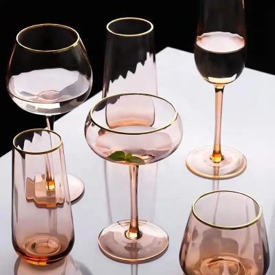 Wholesale Stocked Personalized Wedding Pink Color Wine Glass With Gold Rim