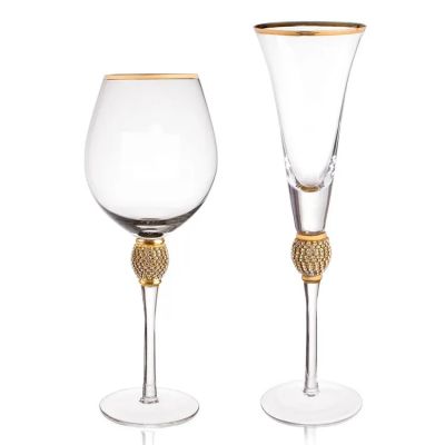 Diamond Ball Stem Glitter Wine Glass with Gold Rim Decoration
