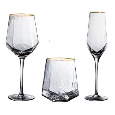 Wholesale Hand Blown Champagne Glass Bulk Crystal Water Cup Hammer Wine Glasses With Gold Rim