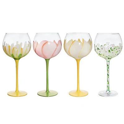 Funny Custom Large Colored Goblet Flower Design Hand Painted Wine Glasses For Party