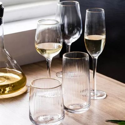 Wholesale Stripe Stemmed Clear Champagne Flute Water Tumbler Wedding Wine Glass With Gold Rim