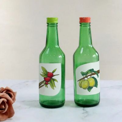 wholesale 12 oz 360ml green glass liquor bottle Korean Soju Green Wine Glass Bottle with lid