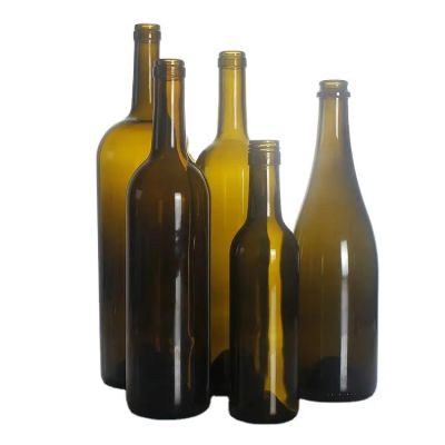 Wholesale antique green 187ml 375ml 750ml burgundy red wine glass bottle with silver gold black aluminum screw cap wooden cork