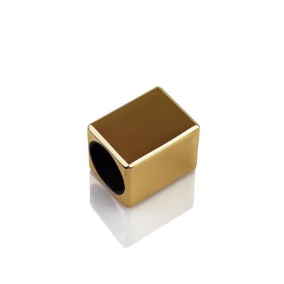 High quality simple style tall square shaped shiny metal gold electroplated parfume bottle top luxury parfume zamac lid 15mm