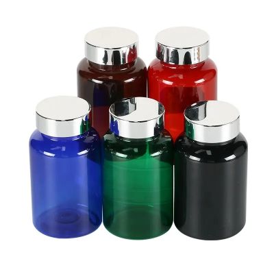 plastic pet pill bottle supplement packaging bottle with electroplated silvery lid vitamin calcium containers