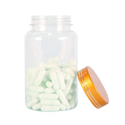 Factory 300cc pet transparent round plastic health care bottle for powder tablet capsule pill with metal cap