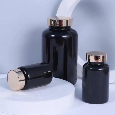 120ml 150ml 200ml 250ml 300ml Black Plastic Pet Pill Capsule Vitamin Packing Bottle Can Match With Gold Cap