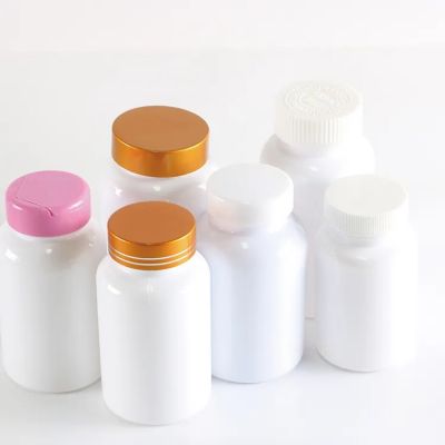 custom PET white plastic capsule pill tablet bottle vitamin healthcare supplement with golden metallic cap