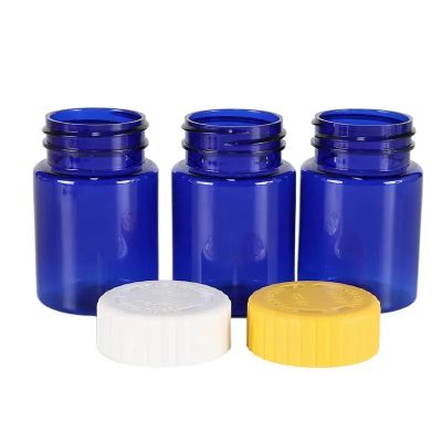 Custom Blue Small 60ml Plastic Medicine Bottle Vatamin Supplement Capsule Bottles 60 80 100cc Plastic Pill Bottle With Crc Lid