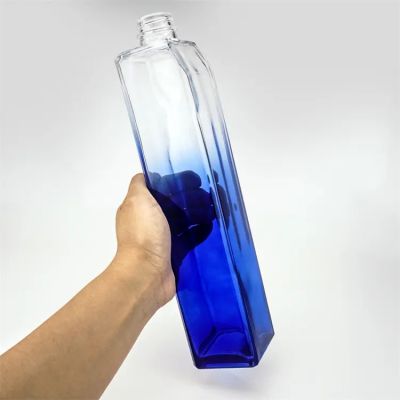 700ml 750ml Gradient blue color tall square shape glass wine bottles for whisky rum