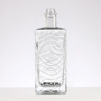 Embossed Square Wine Glass Bottle With Glass Lid With PP Pad Water wave pattern