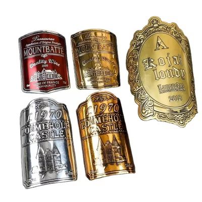 Custom Embossed Curved Aluminum Liquor Wine Label Self Adhesive Metal Logo Bottle Wine Label Sticker