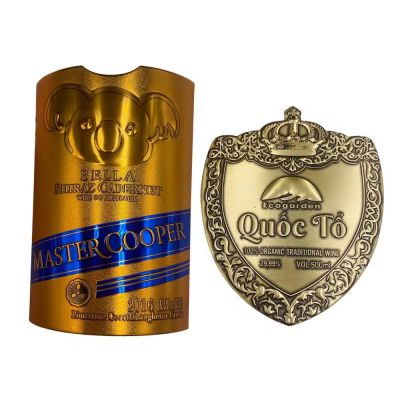 Custom Metal Durable Waterproof Embossed Gold Logo Label Sticker Aluminum Wine Bottle Label Gold wine bottle labels