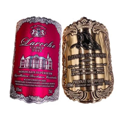 Custom self adhesive embossed Metal Crafts stickers Red wine perfume bottle printed aluminum labels wine bottle labels