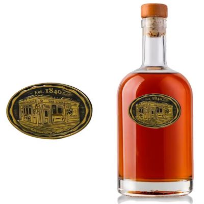 Custom embossed wine whiskey bottle metal sticker tin label sticky type waterproof oval tin label