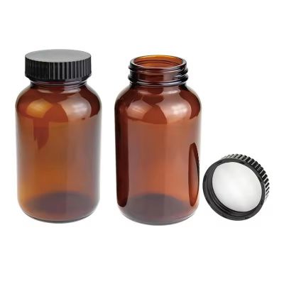 Wide Mouth Packer Bottle 200ML 6.7OZ amber glass bottles with 45-400 Black Polyethylene Screw Cap Lined PE Septa