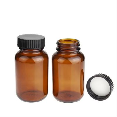 60ml 75ml 100ml 120mlc 4oz Amber Pharmaceutical Glass Wide Mouth Capsule Pill Packer Glass Bottles With Black Ribbed Cap
