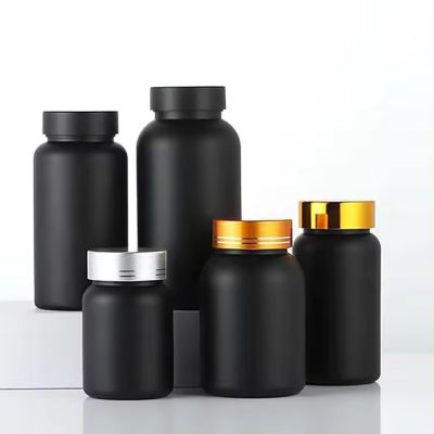 Pharmaceutical Matte Black 100ml 150ml Glass Medicine Pill Capsule Bottle with Black Gold Lid