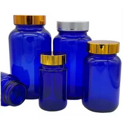 Wholesale 60ML 75ML 120ML 150ML 300ML 400ML Golden Cap Blue Empty Glass Medicine Tablet Bottle