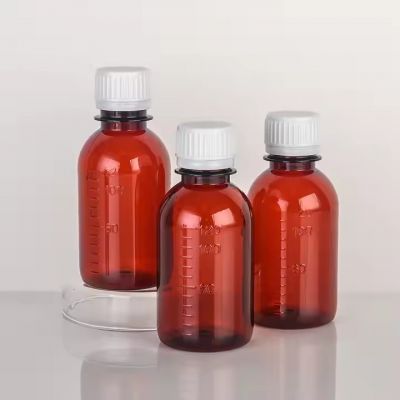 120ml Wholesale Plastic PET Brown Cough Syrup Bottle Scale Bottle With White Screw Cap