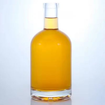 Classic round shaped glass bottle 380ml beverage glass bottle thick bottom rum gin brandy botella de vidrio with cork