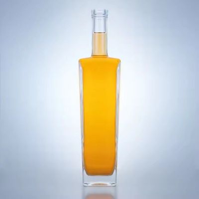 Slim glass bottle square shaped whiskey brandy tequila vodka glass bottle 500ml thick bottom glass bottle with cork cap